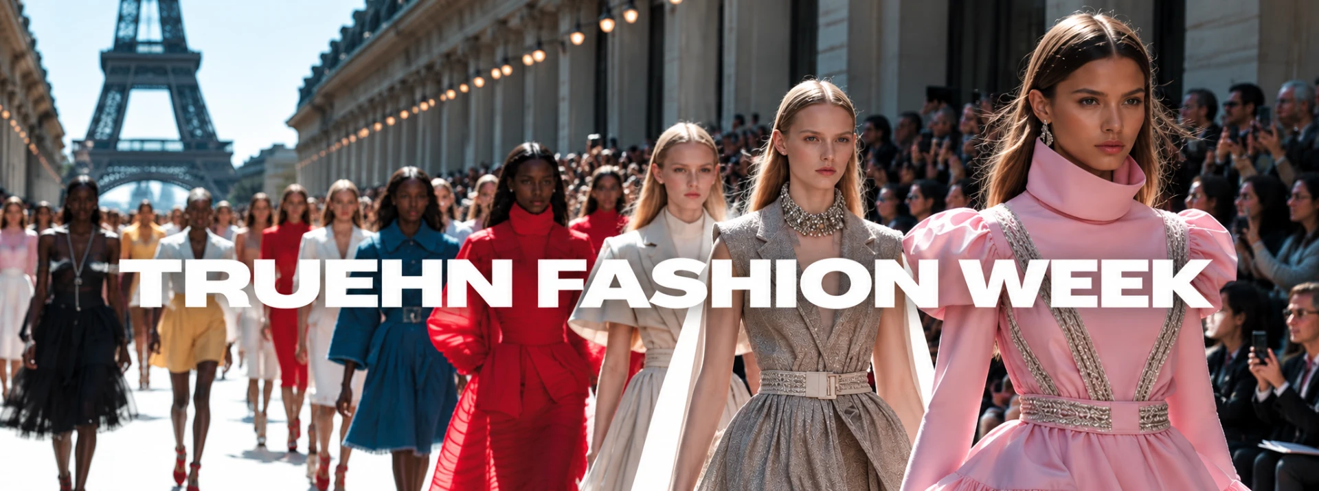 TRUEHN Fashion Week runway procession in Paris with the Eiffel Tower