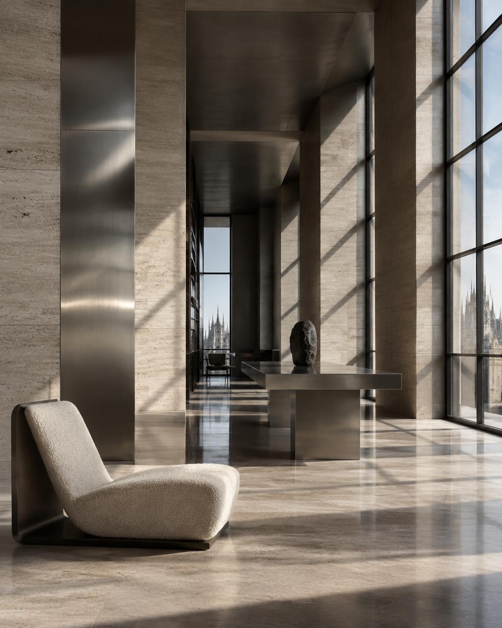 Modern Milanese interior in stone and brushed metal
